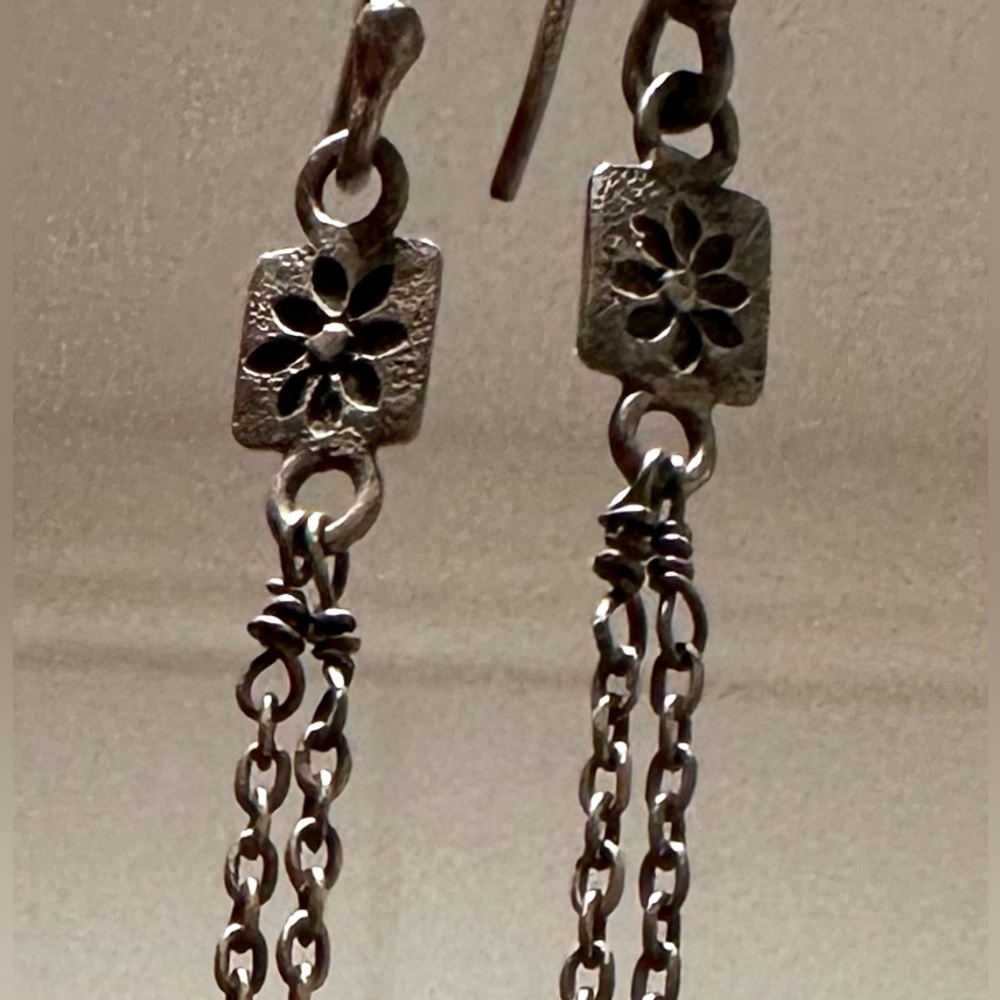 Handmade Watermelon Tourmaline Peridot Silver Flower Dangle Earrings - Picture 6 of 7
